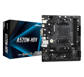 ASRock | A520M-HDV | Processor family AMD | Processor socket AM4 | DDR4 DIMM | Memory slots 2 | Supported hard disk drive interfaces 	SATA, M.2 | Number of SATA connectors 4 | Chipset AMD A520 | Micro ATX