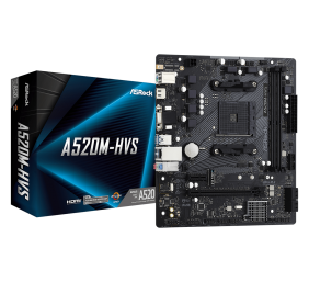 ASRock | A520M-HVS | Processor family AMD | Processor socket AM4 | DDR4 DIMM | Memory slots 2 | Supported hard disk drive interfaces SATA3, M.2 | Number of SATA connectors 4 | Chipset AMD A520 | Micro ATX