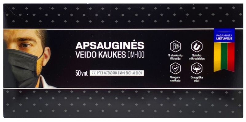 Vienkartinė 3 sluoksnių veido kaukė (50 vnt), juoda
