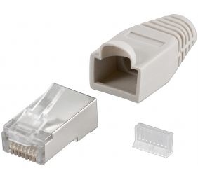 Goobay 68746  RJ45 plug, CAT 5e STP shielded with strain-relief boot, grey | for round cable with Threader   cable lead in 6.4 mm single packed (1 set per polybag)  Technical specifications  Connections  Connection, type  RJ45 male (8P8C)   Connection, co