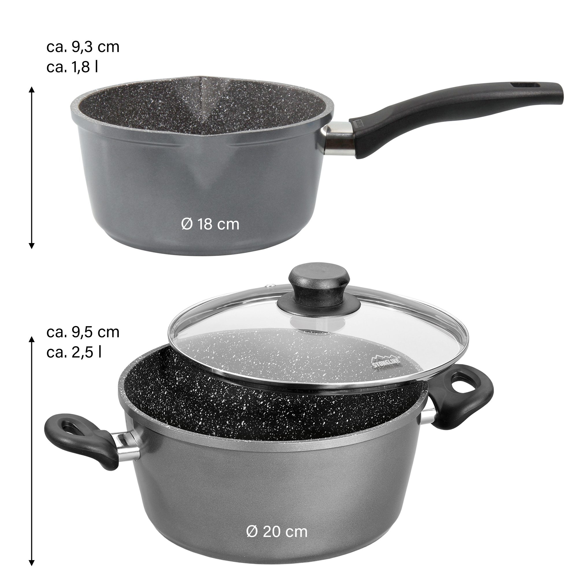Stoneline Cooking Pot Set of 4 14461 2+2.5 L, 18/20 cm, Aluminium, Anthracite, Dishwasher proof, Lid included