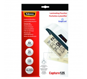 Fellowes | Laminating Pouch | A4 | Clear | Thickness: 125 micron, Qty Per Pack: 25pcs; Unique directional arrow quality mark disappears when laminated.