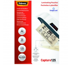 Fellowes | Laminating Pouch | A4 | Clear | Thickness: 125 micron, Qty Per Pack: 25pcs; Unique directional arrow quality mark disappears when laminated.