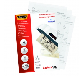 Fellowes | Laminating Pouch | A4 | Clear | Thickness: 125 micron, Qty Per Pack: 25pcs; Unique directional arrow quality mark disappears when laminated.