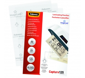 Fellowes | Laminating Pouch | A4 | Clear | Thickness: 125 micron, Qty Per Pack: 25pcs; Unique directional arrow quality mark disappears when laminated.