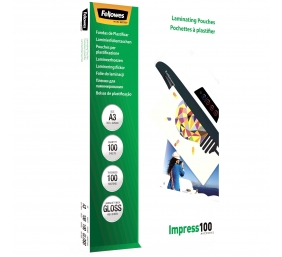 Fellowes | Laminating Pouch | A3 | Glossy | Thickness: 100 micron, Qty Per Pack: 100 pcs; Ideal for notices, craft materials, signage and frequently handled documents; Compatible with all laminator brands