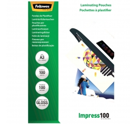 Fellowes | Laminating Pouch | A3 | Glossy | Thickness: 100 micron, Qty Per Pack: 100 pcs; Ideal for notices, craft materials, signage and frequently handled documents; Compatible with all laminator brands