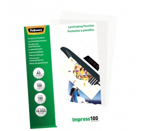 Fellowes | Laminating Pouch | A3 | Glossy | Thickness: 100 micron, Qty Per Pack: 100 pcs; Ideal for notices, craft materials, signage and frequently handled documents; Compatible with all laminator brands