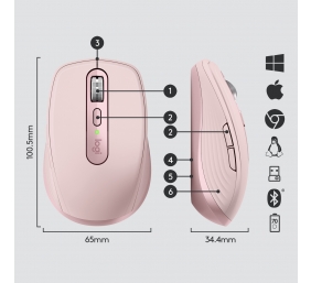 Logitech MX Anywhere 3 Belaidė pelė, RF Wireless + Bluetooth, 4000 DPI, Rožinė