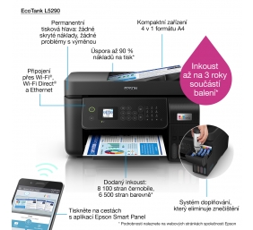 Spausdintuvas rašalinis Epson EcoTank L5290 A4, Spalvotas, MFP, ADF, WiFi