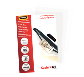 Fellowes | Laminating Pouch - 65x95mm | Glossy | Ideal for identity cards, credit cards, business cards and visitor cards; Capture 125 Micron thickness - providing an advanced level of document protection; Pack size of 100; Compatible with all laminator b
