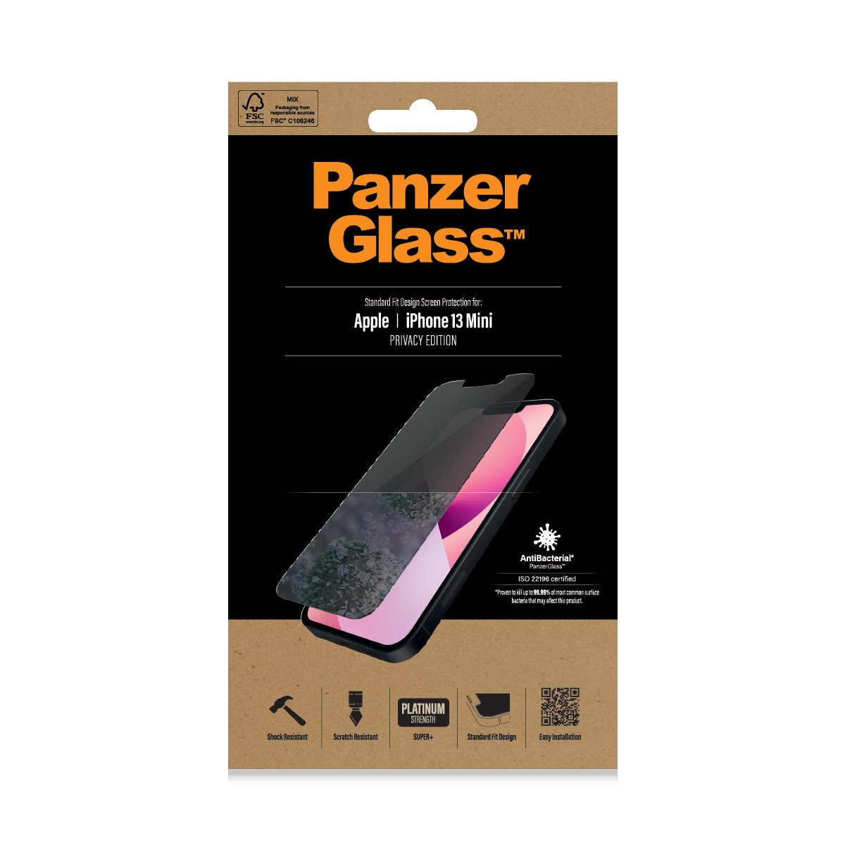 PanzerGlass | Apple | iPhone 13 Mini | Tempered glass | Black | Crystal clear; Resistant to scratches and bacteria; Shock absorbing; Easy to install | Privacy Screen Protector