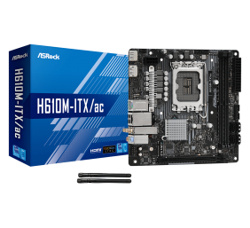 ASRock | H610M-ITX/ac | Processor family Intel | Processor socket LGA1700 | DDR4 DIMM | Memory slots 2 | Supported hard disk drive interfaces SATA3, M.2 | Number of SATA connectors 4 | Chipset Intel H610 | Mini-ITX