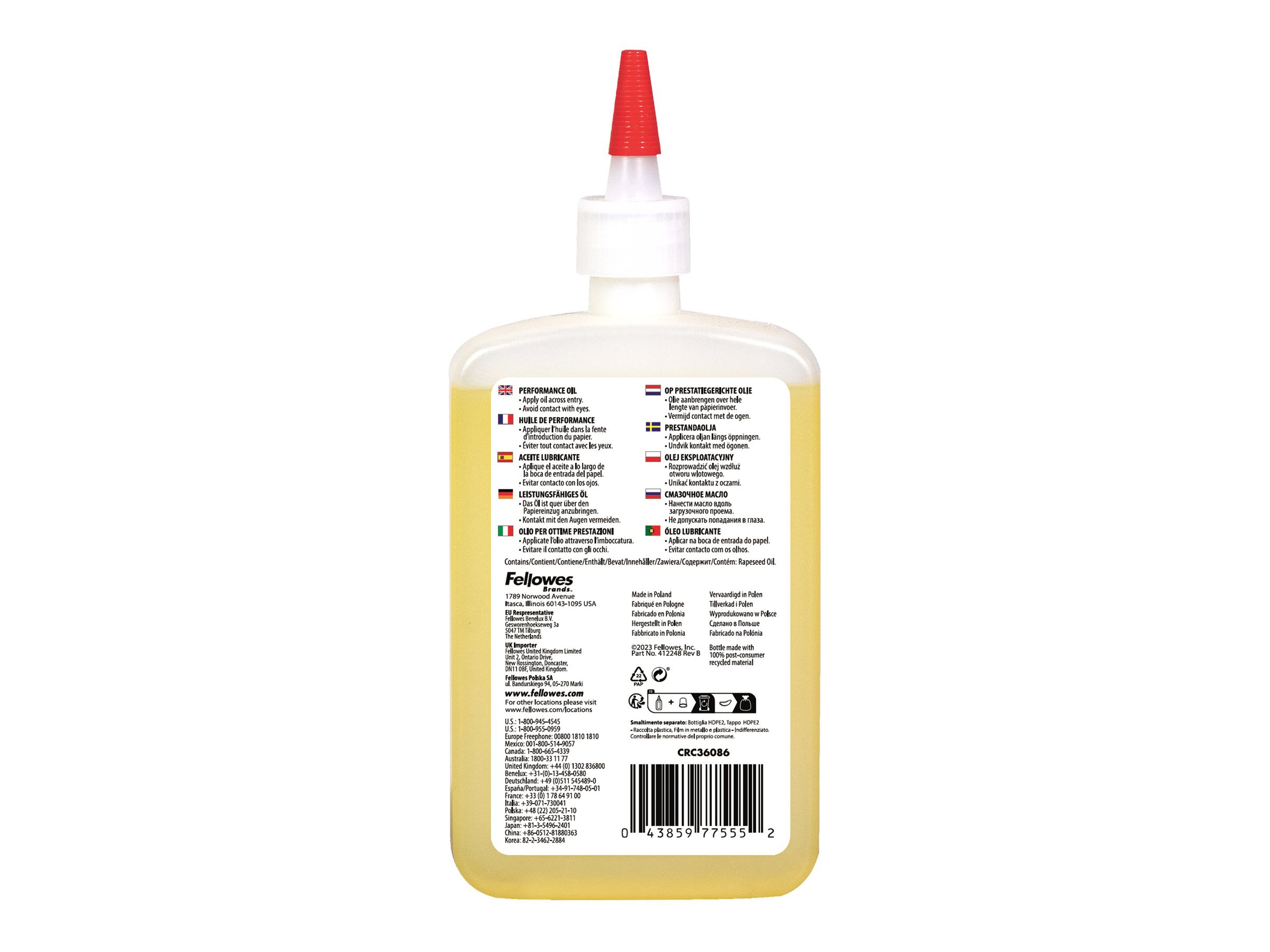 Fellowes | Shredder Oil 355 ml | For use with all Fellowes cross-cut and micro-cut shredders. Oil shredder each time wastebasket is emptied or a minimum of twice a month. Plastic squeeze bottle with extended nozzle ensures complete coverage