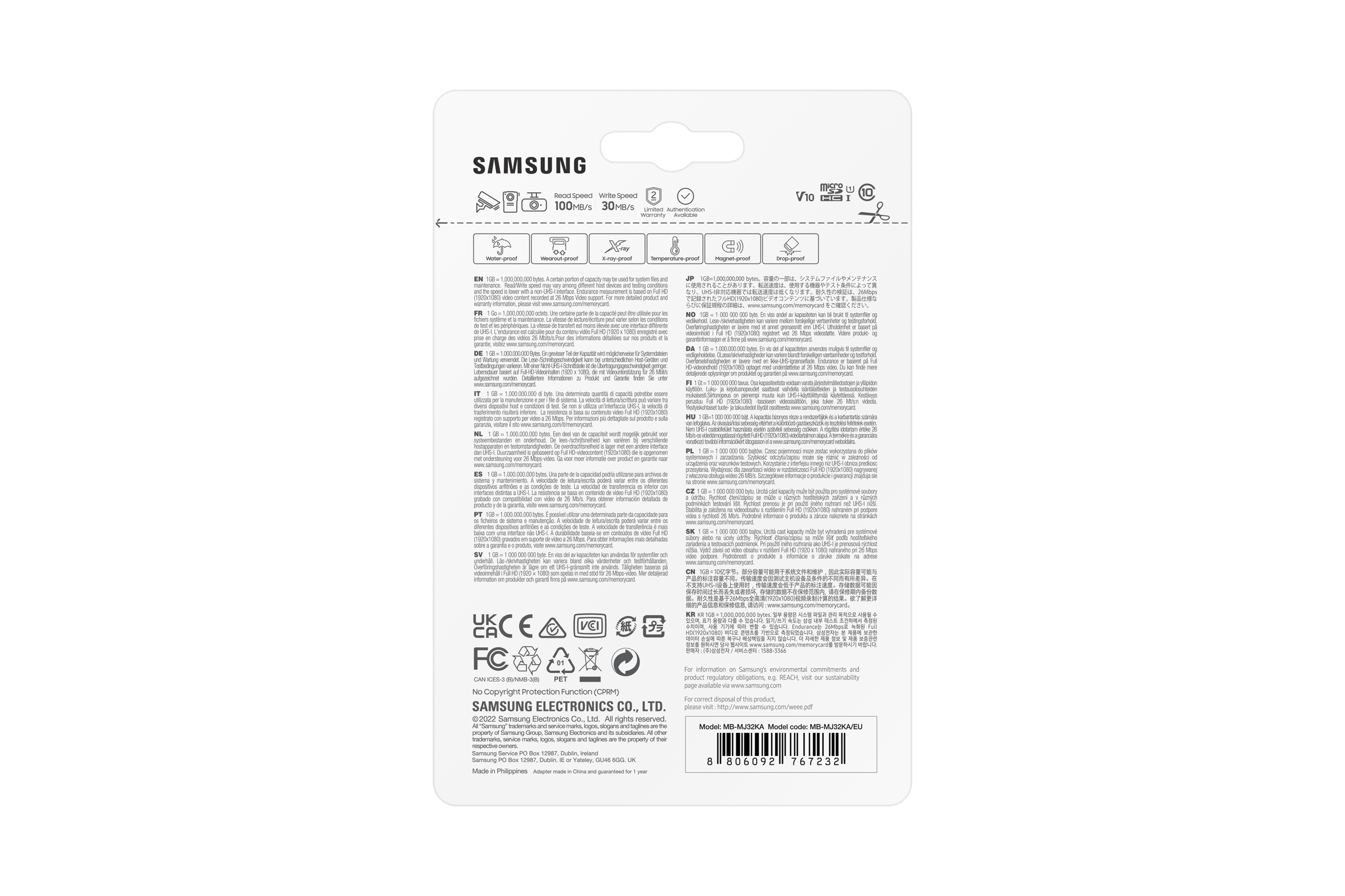 Samsung | PRO Endurance | MB-MJ32KA/EU | 32 GB | MicroSD Memory Card | Flash memory class U1, V10, Class 10 | SD adapter