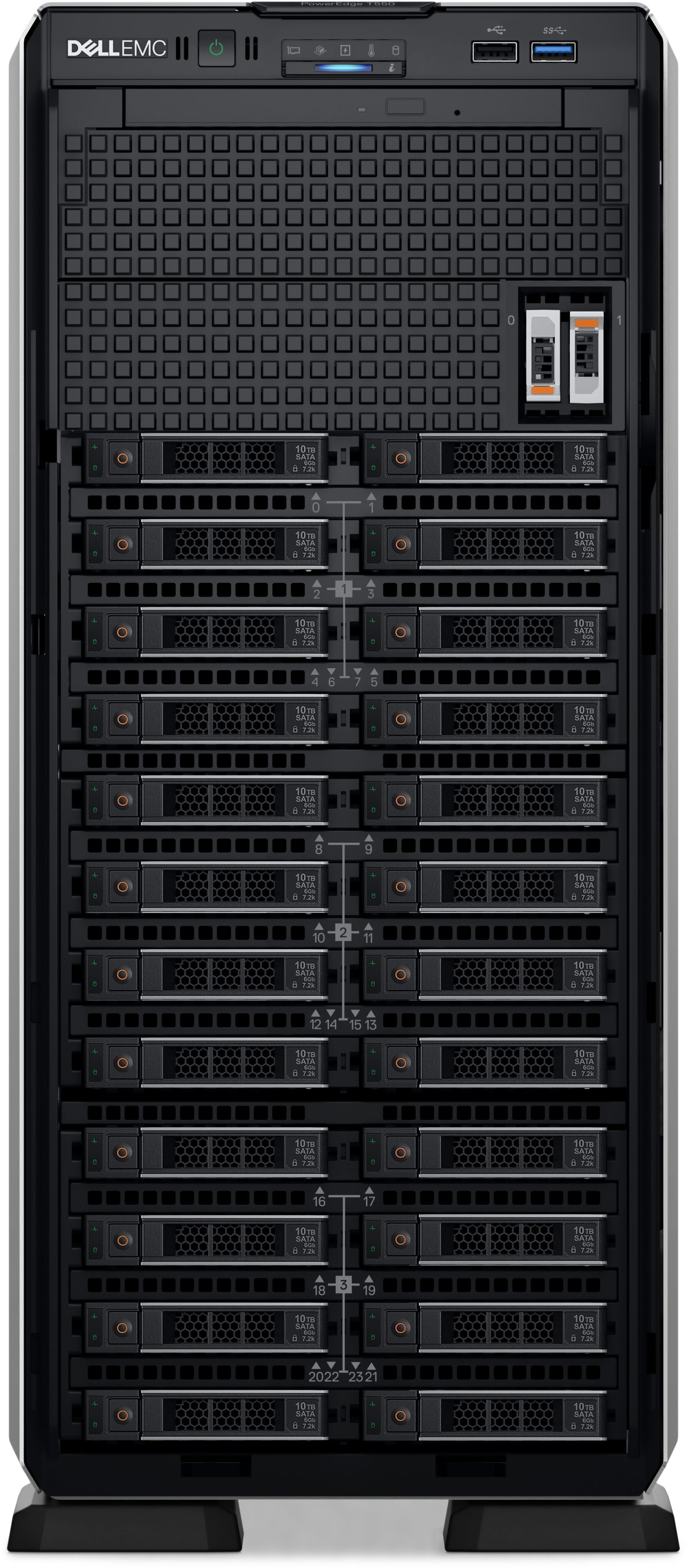 Dell PowerEdge T550 Tower Intel Xeon 2x Silver 4310 2.1 GHz 18 MB 12C 24T No RAM, No HDD Up to 8 x 3.5" PERC H755 Power supply 2x800 W iDRAC9 Enterprise No OS Warranty Basic NBD OnSite 36 month(s)