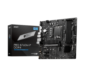 MSI | PRO B760M-P DDR4 | Processor family Intel | Processor socket  LGA1700 | DDR4 DIMM | Memory slots 4 | Supported hard disk drive interfaces 	SATA, M.2 | Number of SATA connectors 4 | Chipset Intel B760 | mATX