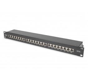 Digitus | Patch Panel | CAT 6A | RJ45, 8P8C | m | RJ45 shielding (Tinned bronze) | Suitable for 483 mm (19") cabinet mounting; Transmission properties: Category 6A, Class EA; Area of application: Up to 500 MHz, 10GBase-T; Size:482.6 x 44 x 109mm