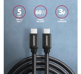 Kabelis AXAGON BUCM3-CM20AB USB-C < > USB-C 3.2 Gen 1/PD 60W/3A/ALU/Juodas pintas/2m