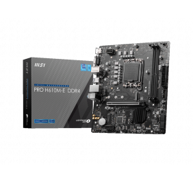 MSI | PRO H610M-E DDR4 | Processor family Intel | Processor socket  LGA1700 | DDR4 DIMM | Memory slots 2 | Supported hard disk drive interfaces 	SATA, M.2 | Number of SATA connectors 4 | Chipset Intel H610 | Mirco-ATX