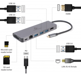 Cablexpert USB Type-C 5-in-1 multi-port adapter (Hub + HDMI + PD + card reader + LAN) | A-CM-COMBO5-05 | Adapter
