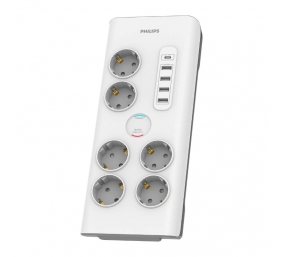 Philips Surge protector SPN7060WA/58, 6 outlets, 2 m power cord, 1 x Type C port, Max 15 W output, 4 x Type A ports, Max 20 W output, 900 joules of surge protection