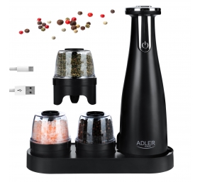 Adler | Electric Salt and pepper grinder | AD 4449b | Grinder | 7 W | Housing material ABS plastic | Lithium | Mills with ceramic querns; Charging light; Auto power off after: 3 minutes; Fully charged for 120 minutes of continuous use; Charging time: 2.5 