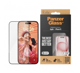 PanzerGlass | Screen protector | Apple | iPhone 15 | Glass | Clear | Easy installation; Fingerprint resistant; Anti-yellowing | Ultra-Wide Fit
