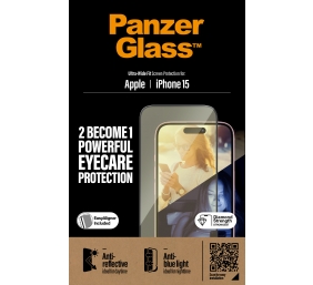 PanzerGlass | Screen protector | Apple | iPhone 15 | Glass | Clear | Ultra-Wide Fit; Easy installation; Fingerprint resistant; Anti-blue light; Anti-reflective; Anti-yellowing | Eyecare