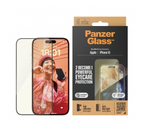 PanzerGlass | Screen protector | Apple | iPhone 15 | Glass | Clear | Ultra-Wide Fit; Easy installation; Fingerprint resistant; Anti-blue light; Anti-reflective; Anti-yellowing | Eyecare