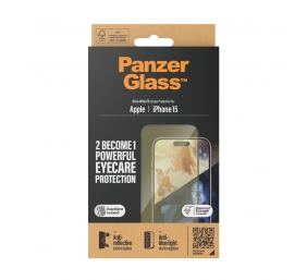 PanzerGlass | Screen protector | Apple | iPhone 15 | Glass | Clear | Ultra-Wide Fit; Easy installation; Fingerprint resistant; Anti-blue light; Anti-reflective; Anti-yellowing | Eyecare