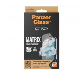 PanzerGlass | Screen protector | Apple | iPhone 15 | Recycled plastic | Transparent | Ultra-Wide Fit; Easy installation; Fingerprint resistant; Anti-yellowing; Touch sensitivity | MATRIX with D3O