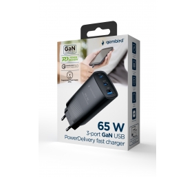Cablexpert 3-port 65 W GaN USB PowerDelivery fast charger | TA-UC-PDQC65-01-BK