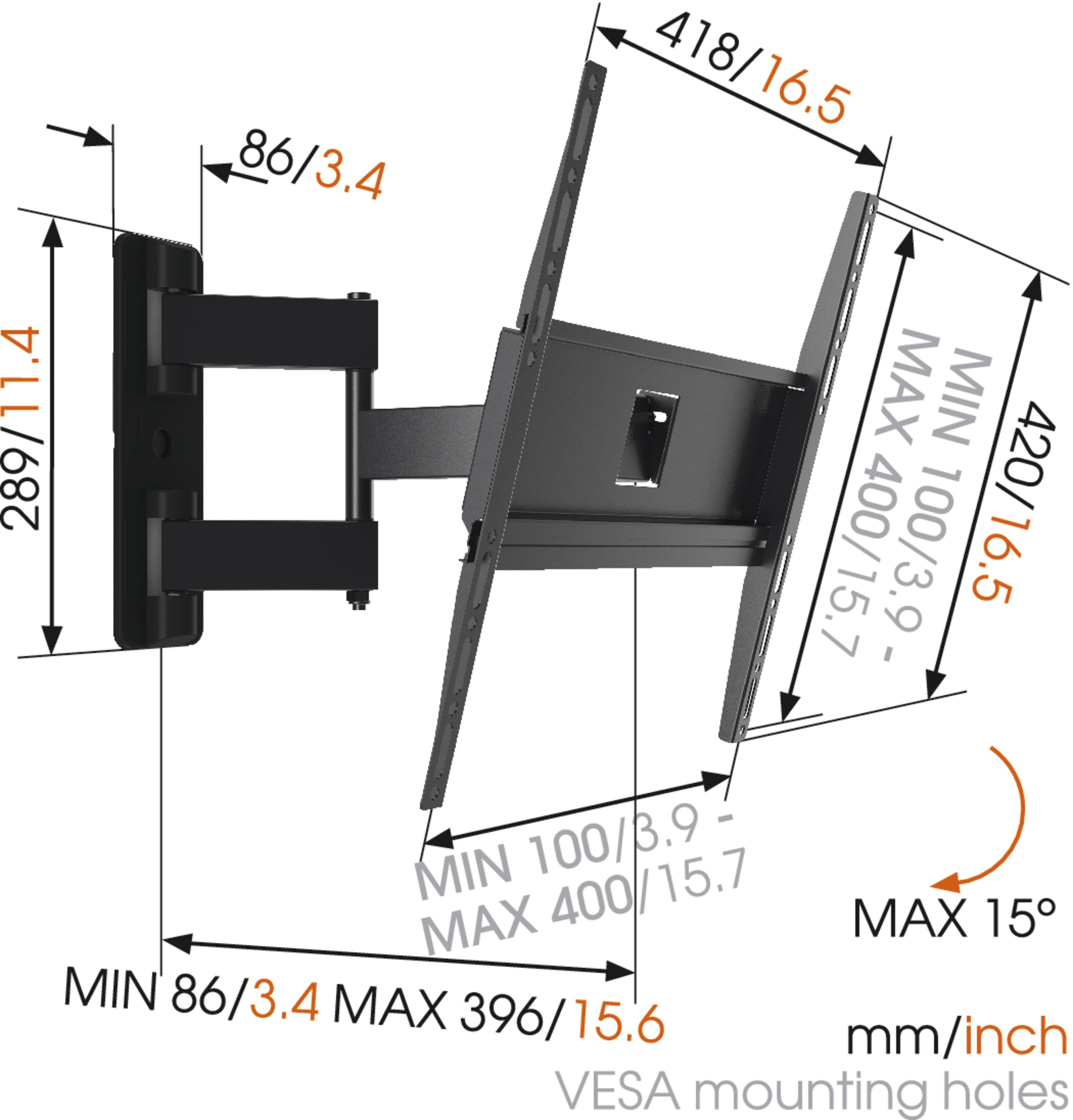 Vogels | Wall mount | MA3040-A1 | Full Motion | 32-65 " | Maximum weight (capacity) 25 kg | Black