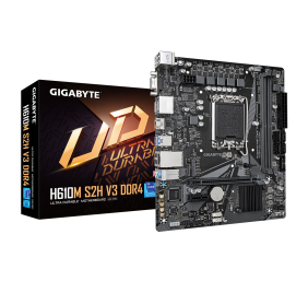 Gigabyte | H610M S2H V3 DDR4 G1.0 | Processor family Intel | Processor socket LGA1700 | DDR4 | Supported hard disk drive interfaces SATA, M.2 | Number of SATA connectors 4