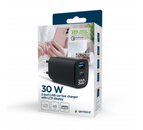 Gembird 2-port 30W USB fast charger, LCD | TA-UC-PDQC30LCD-BK-01
