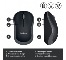 Logitech M185 Belaidė pelė, RF Wireless, 1000 DPI, Juoda/Pilka