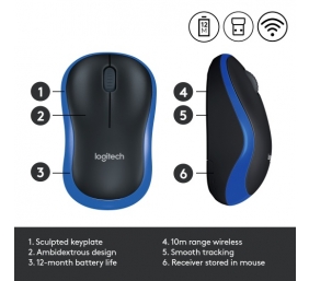 Logitech M185 Belaidė pelė, RF Wireless, 1000 DPI, Juoda/Mėlyna