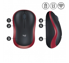 Logitech M185 Belaidė pelė, RF Wireless, 1000 DPI, Juoda/Raudona