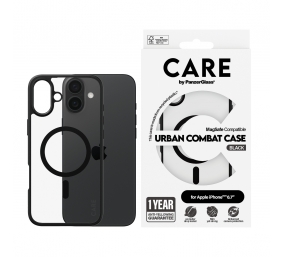 CARE by PanzerGlass Case Flagship Urban Combat | Back protection | Apple | iPhone 16 Plus | Recycled plastic | Transparent/Black | MagSafe