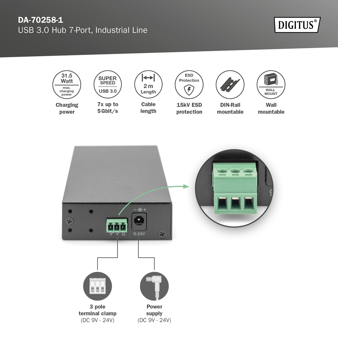 Digitus | USB 3.0 Hub 7-Port, Industrial Line | DA-70258-1