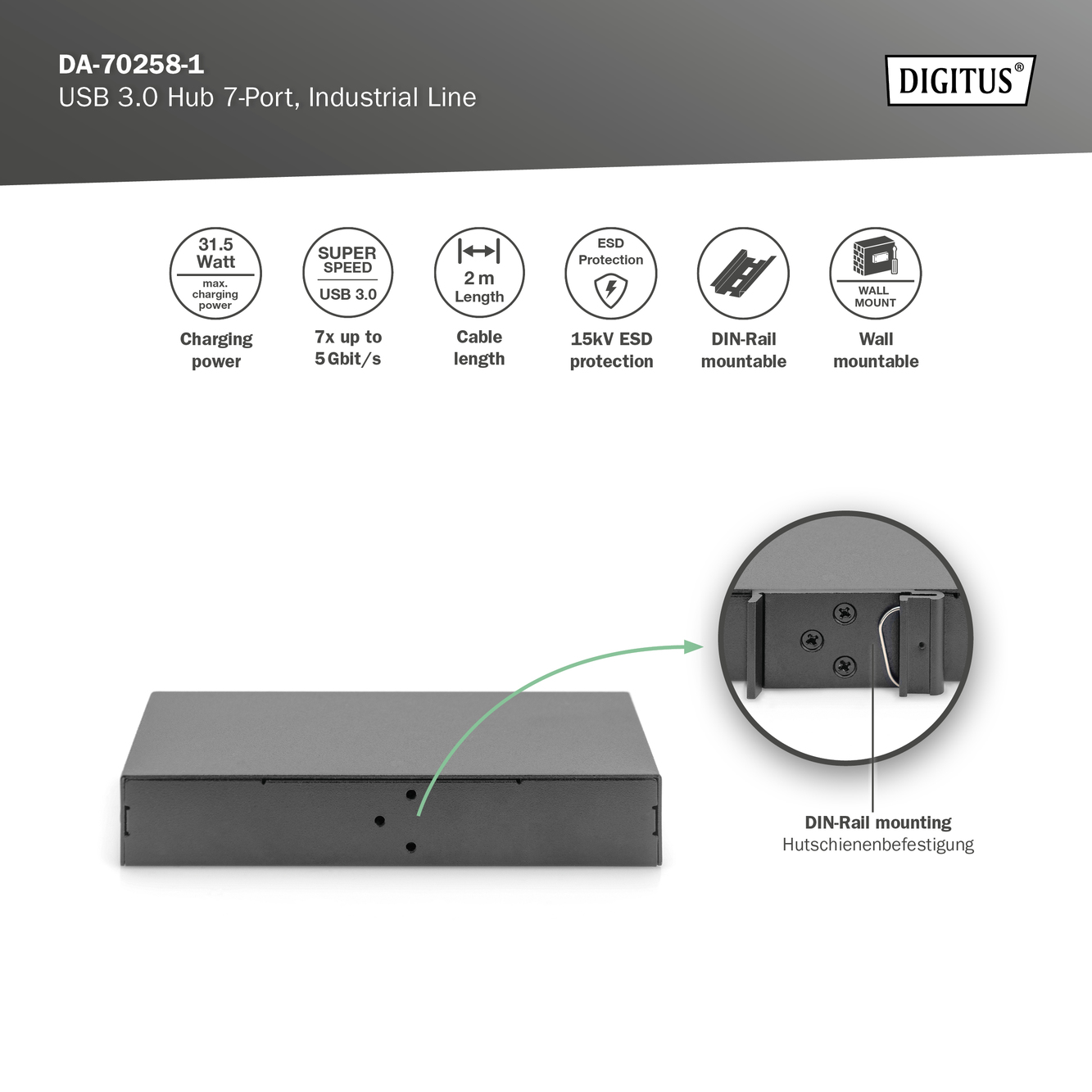 Digitus | USB 3.0 Hub 7-Port, Industrial Line | DA-70258-1