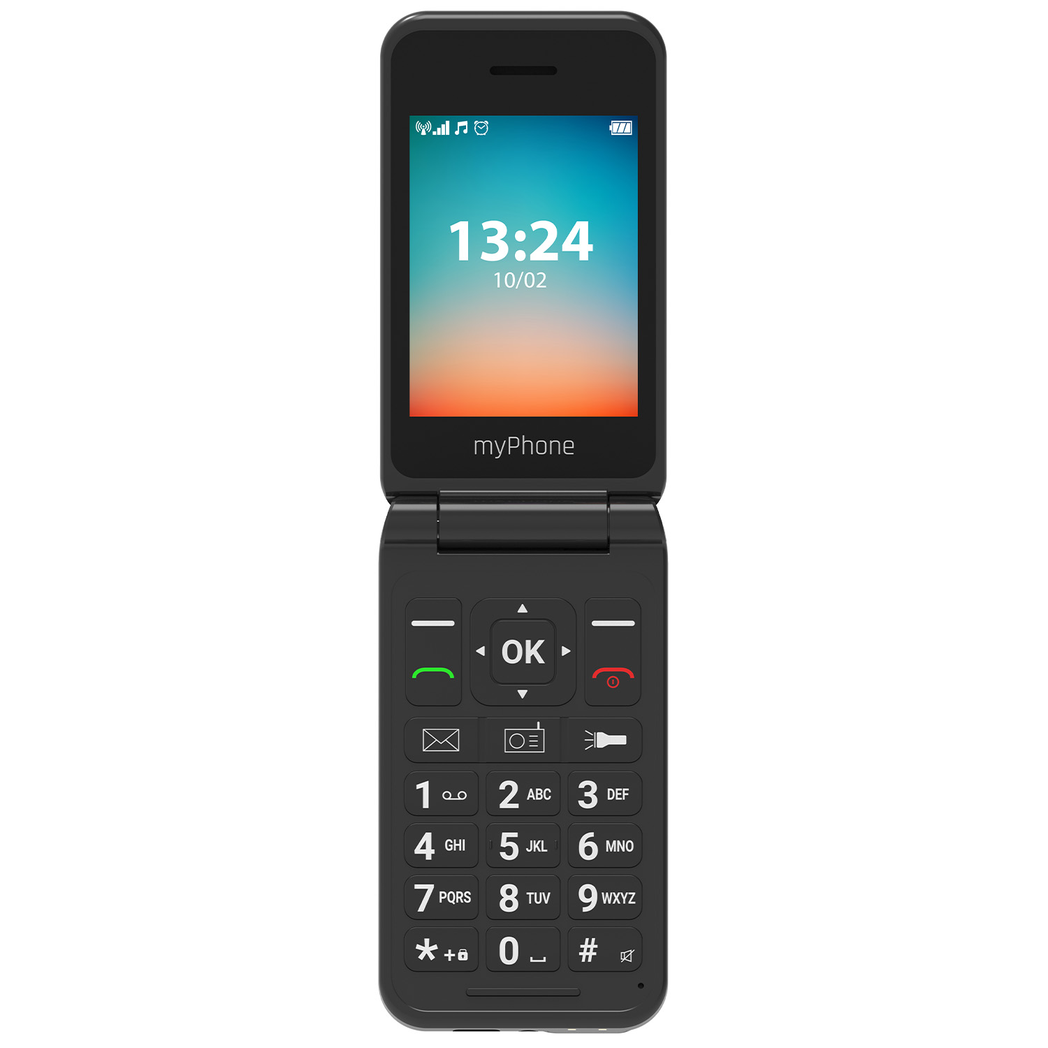 myPhone Flip | LTE | Black | 2.8 " | TFT | 48 MB | 128 MB | 3G | Bluetooth | 2.1 | USB version Type-C | Built-in camera | Main camera resolution 1.3 MP | 1000 mAh