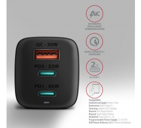 AXAGON GaN wallcharger 3x port (USB-A + 2x USB-C), 65W | ACU-DPQ65