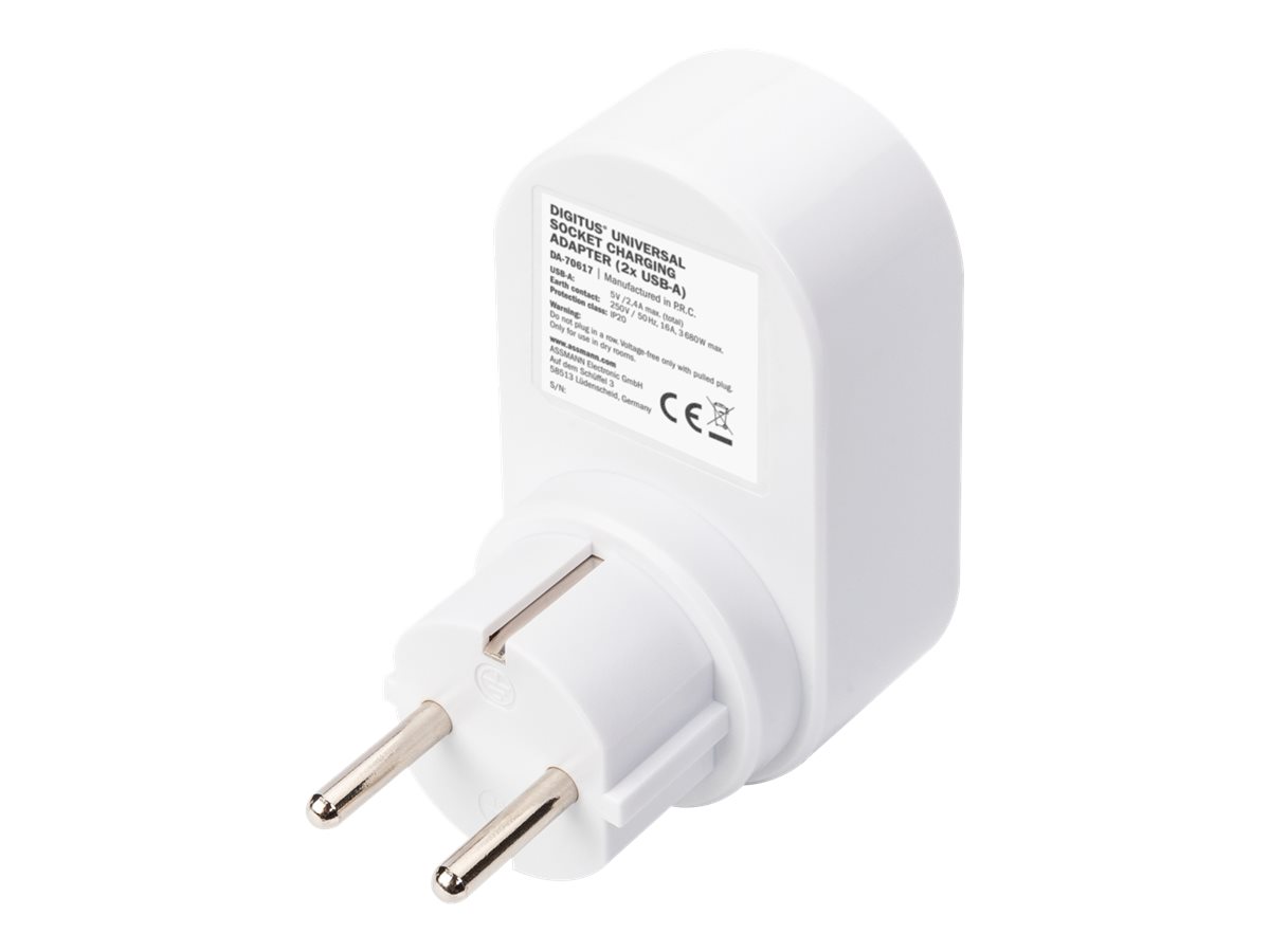 Digitus Universal USB Plug-in Charger with 2 x USB-A Sockets and Integrated Socket | DA-70617