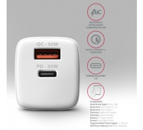 AXAGON Wall Charger 2x port (USB-A+USB-C), 30W | ACU-PQ30W