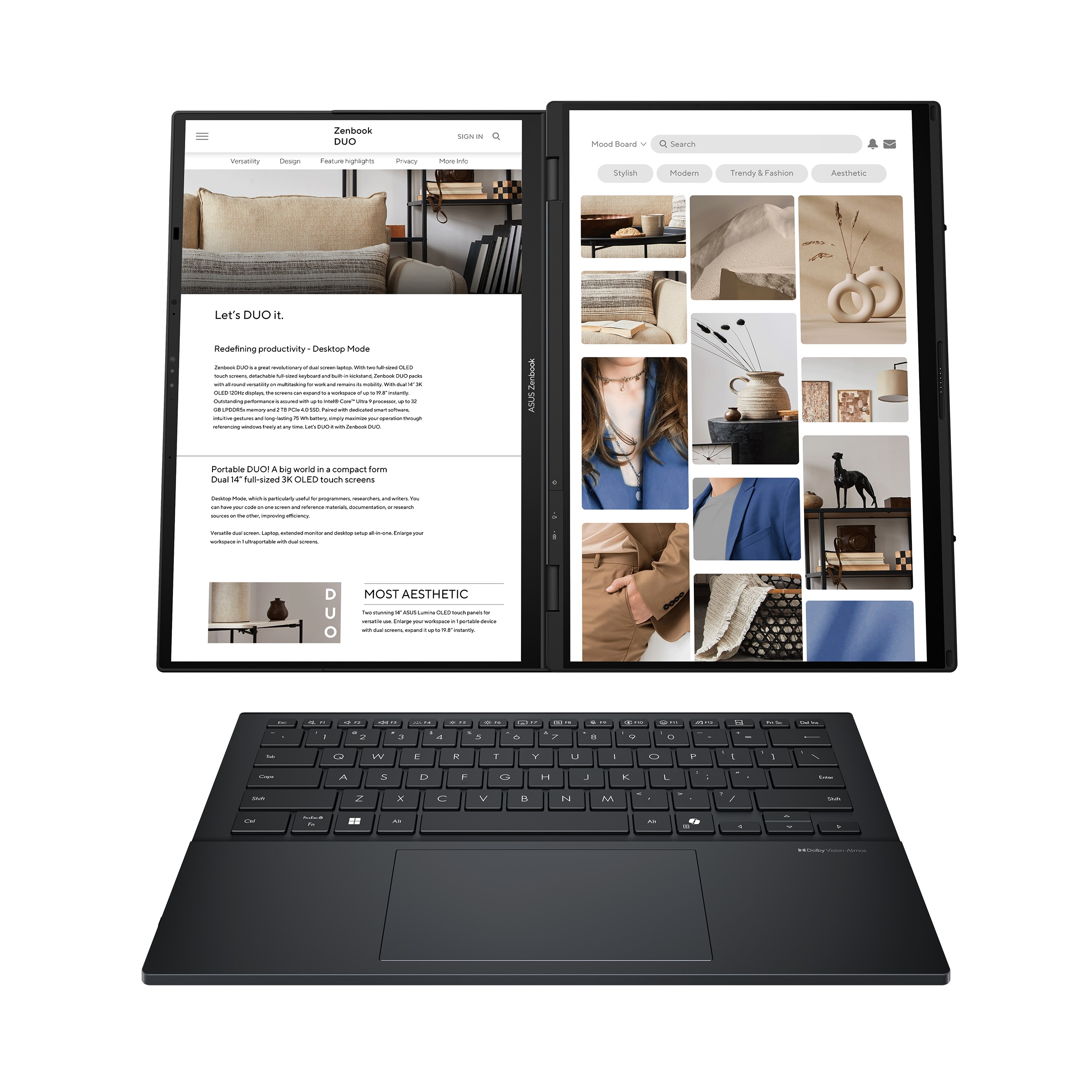 Asus Zenbook Duo UX8406CA-PZ068X | Basalt Gray | 14 " | OLED | Touchscreen | 3K | 2880 x 1800 pixels | Glossy | Intel Core Ultra 9 | 285H | 32 GB | LPDDR5X | Solid-state drive capacity 2000 GB | Intel Arc Graphics | Windows 11 Pro | 802.11be | Bluetooth v