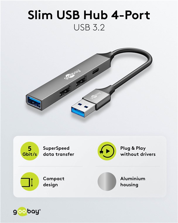 Goobay Slim 4-Port USB Hub, USB-A to USB-C/USB-A, 5 Gbit/s | 74458