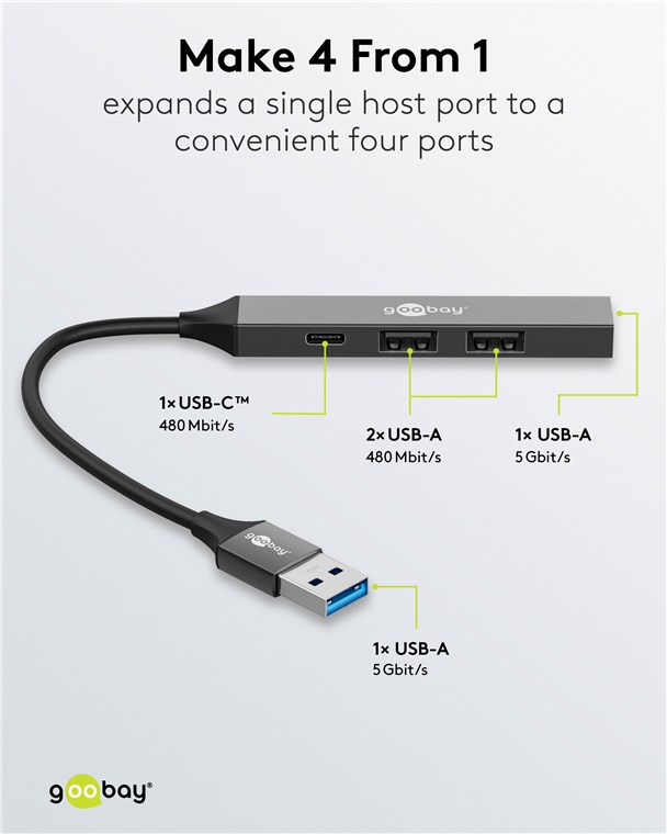 Goobay Slim 4-Port USB Hub, USB-A to USB-C/USB-A, 5 Gbit/s | 74458