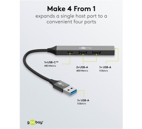Goobay Slim 4-Port USB Hub, USB-A to USB-C/USB-A, 5 Gbit/s | 74458